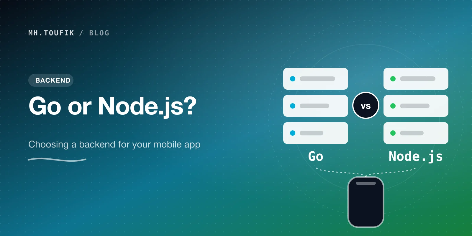 Go and Node.js server stacks facing each other, both connected to a phone