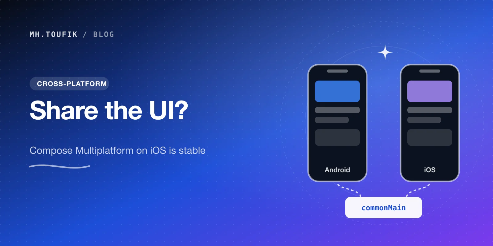 Android and iOS phone mockups connected to a shared commonMain code block