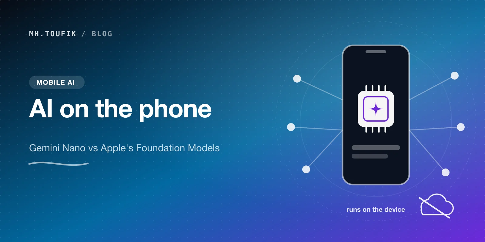 A phone with an AI chip inside, connected to nodes, and a crossed-out cloud